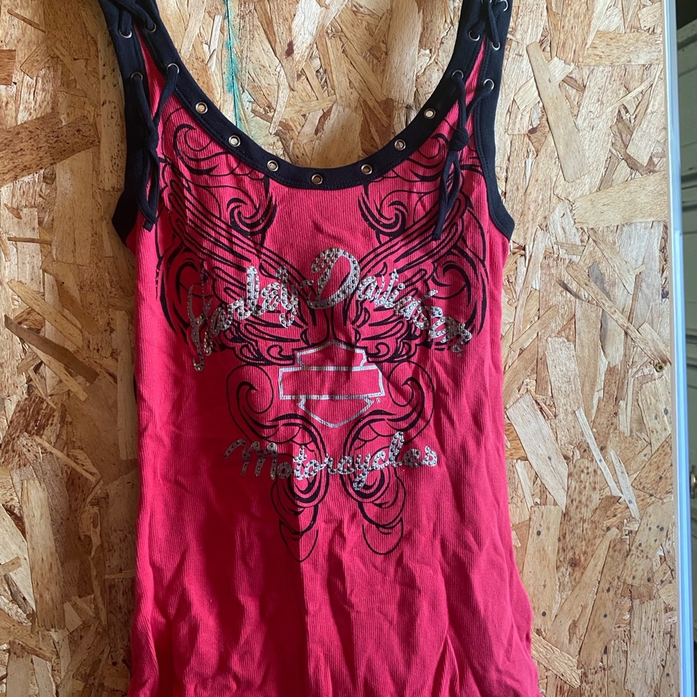 Harley-Davidson Red Tank with Black Trim and Rhinestone Logo